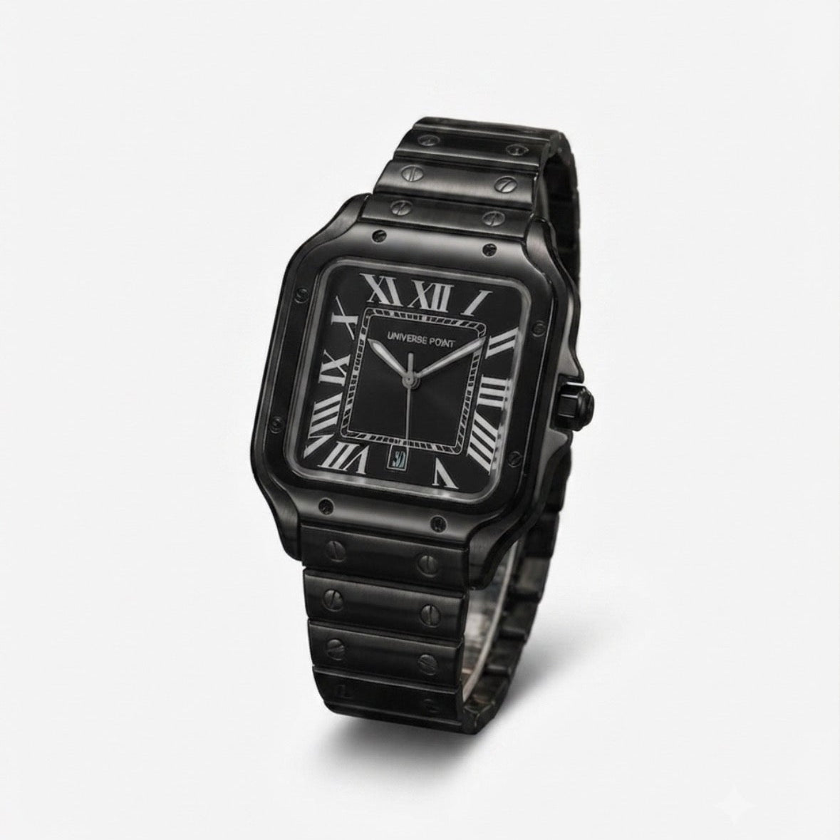 A black Orus watch with a square black dial, black Roman numeral hour markers, and a black ceramic or resin link bracelet, shown on a light gray background with the brand name 'Orus' and Arabic text in the top left corner.